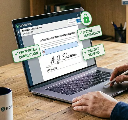 Laptop showing a mutual NDA being signed over an encrypted connection with the signer's identity verified