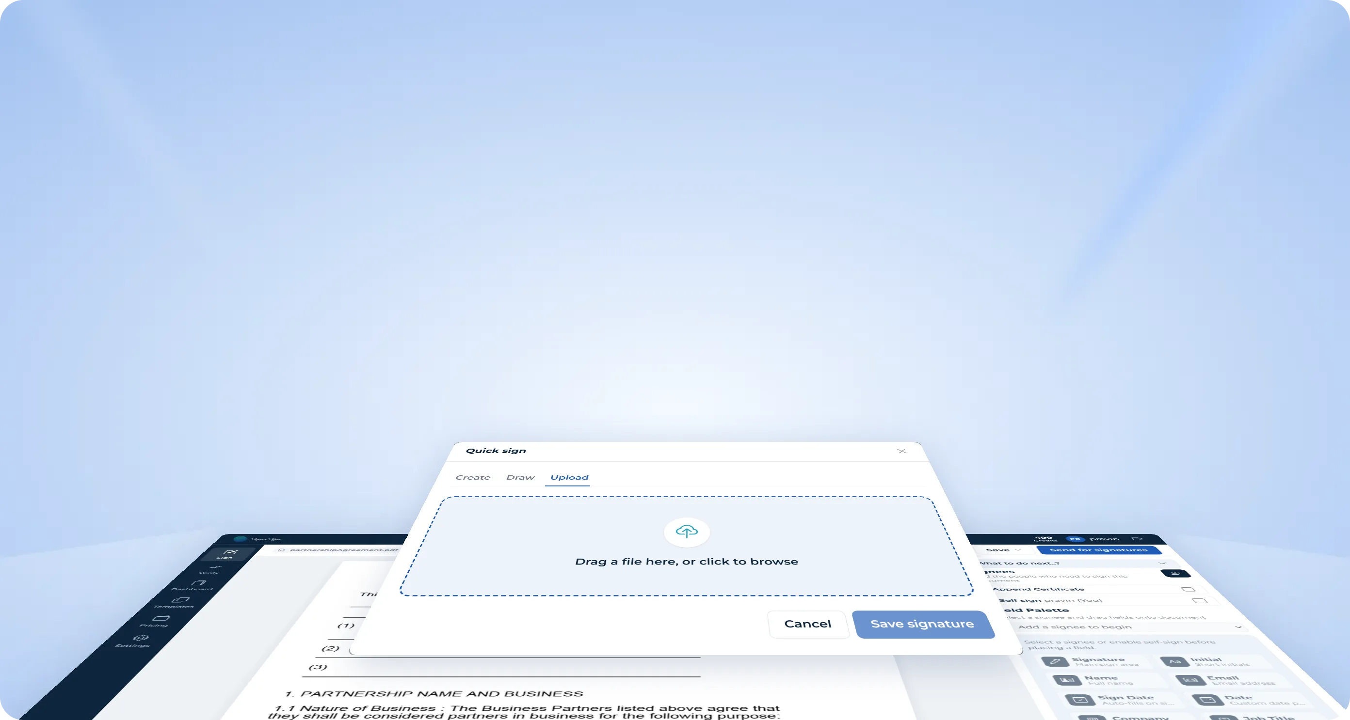 The SequrSign document editor with the Quick sign dialog open to upload a signature image