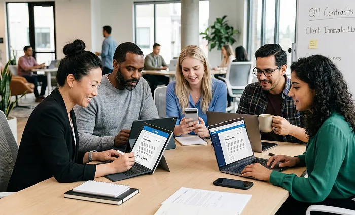 Small business team reviewing and signing documents together on laptops in an office