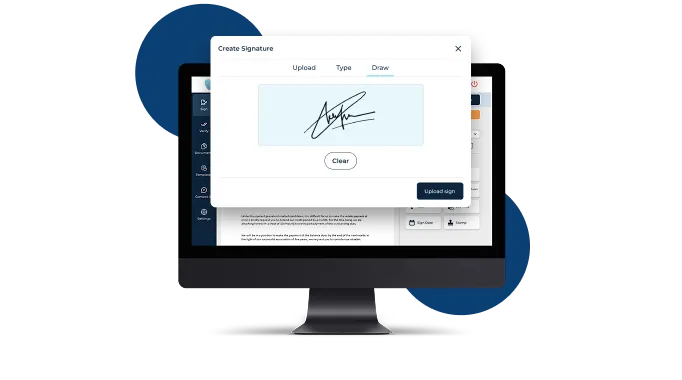 A desktop monitor showing the SequrSign Create Signature dialog with a signature drawn on the Draw tab