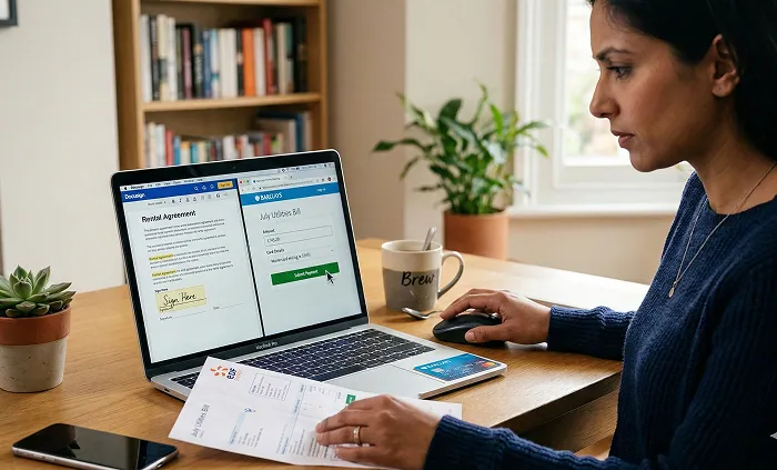Person signing an agreement online on a laptop at a desk